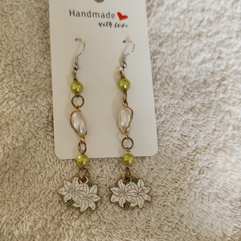 Handmade Floral Earrings with Green and Gold Accents
